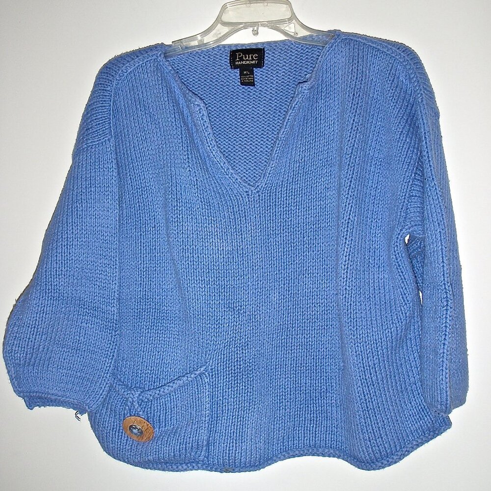 PURE HANDKNIT WOMEN'S VINTAGE PERIWINKLE BLUE 100% COTTON PULLOVER SWEATER M/L